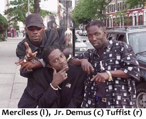 Meciless (l) Jr. Demus (c),  Tuffist (r) at Don One in Brooklyn, New York.
